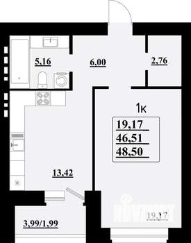 1-к квартира, строящийся дом, 49м2, 2/8 этаж