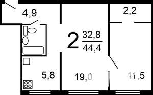 2-к квартира, на длительный срок, 44м2, 3/9 этаж
