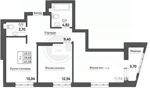 2-к квартира, строящийся дом, 63м2, 8/21 этаж