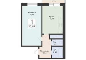 1-к квартира, вторичка, 43м2, 15/24 этаж