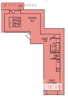 1-к квартира, строящийся дом, 47м2, 15/17 этаж