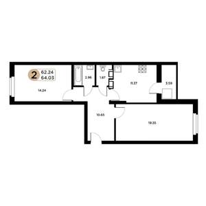 2-к квартира, строящийся дом, 64м2, 23/26 этаж