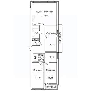 3-к квартира, вторичка, 119м2, 8/25 этаж