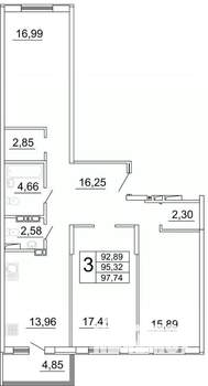 3-к квартира, строящийся дом, 98м2, 21/27 этаж