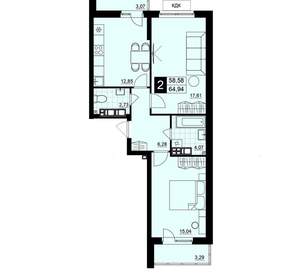 2-к квартира, строящийся дом, 62м2, 10/15 этаж