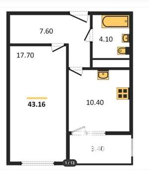 1-к квартира, вторичка, 43м2, 5/19 этаж