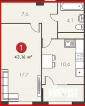 1-к квартира, вторичка, 43м2, 5/19 этаж