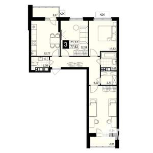 3-к квартира, строящийся дом, 75м2, 7/15 этаж