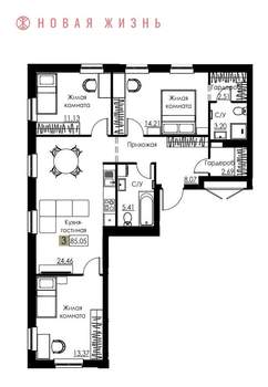 3-к квартира, вторичка, 85м2, 3/8 этаж