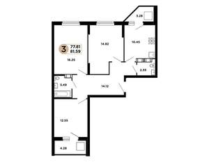 3-к квартира, строящийся дом, 78м2, 19/25 этаж