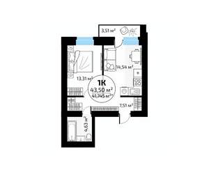1-к квартира, вторичка, 44м2, 7/18 этаж