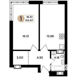 1-к квартира, строящийся дом, 45м2, 7/24 этаж