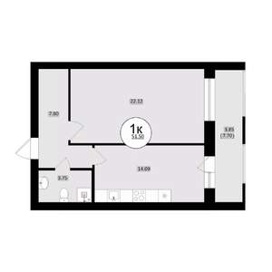 1-к квартира, вторичка, 52м2, 1/8 этаж