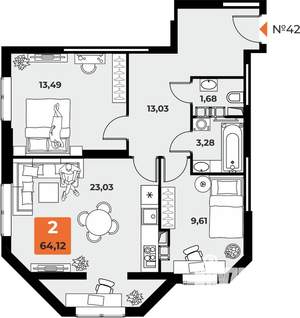 2-к квартира, вторичка, 64м2, 6/23 этаж