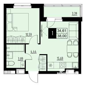 1-к квартира, вторичка, 36м2, 1/18 этаж