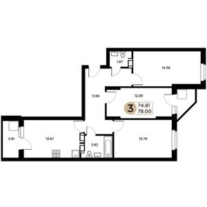 3-к квартира, вторичка, 77м2, 13/26 этаж
