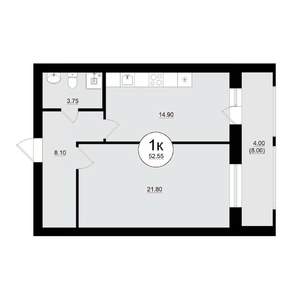 1-к квартира, вторичка, 53м2, 6/8 этаж