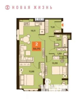 2-к квартира, вторичка, 56м2, 3/23 этаж
