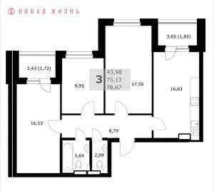 3-к квартира, вторичка, 79м2, 22/25 этаж