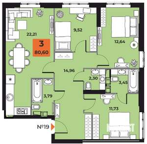 3-к квартира, вторичка, 80м2, 5/23 этаж
