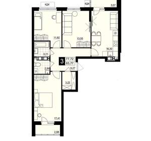 3-к квартира, строящийся дом, 81м2, 10/15 этаж