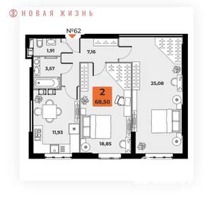 2-к квартира, вторичка, 68м2, 11/23 этаж