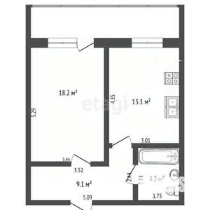 1-к квартира, вторичка, 45м2, 11/16 этаж