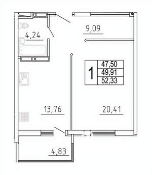 1-к квартира, строящийся дом, 53м2, 6/27 этаж