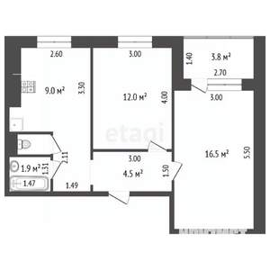 2-к квартира, вторичка, 51м2, 1/12 этаж