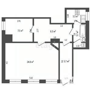 2-к квартира, вторичка, 53м2, 1/2 этаж
