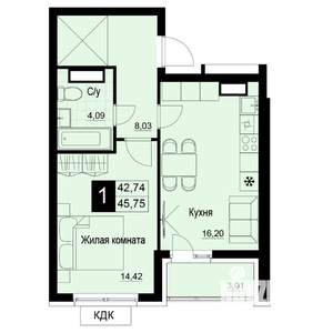 1-к квартира, вторичка, 44м2, 8/19 этаж