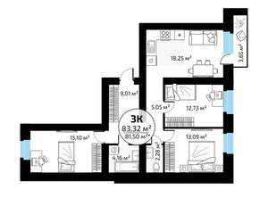 3-к квартира, вторичка, 83м2, 18/18 этаж