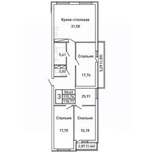 3-к квартира, вторичка, 119м2, 10/25 этаж