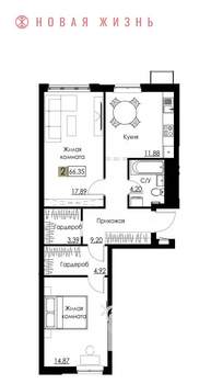 2-к квартира, вторичка, 66м2, 5/8 этаж