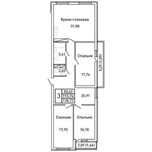 3-к квартира, вторичка, 119м2, 2/25 этаж