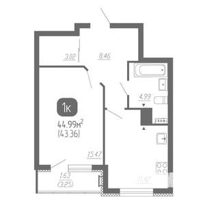 1-к квартира, вторичка, 45м2, 2/22 этаж