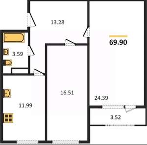 2-к квартира, вторичка, 70м2, 9/25 этаж