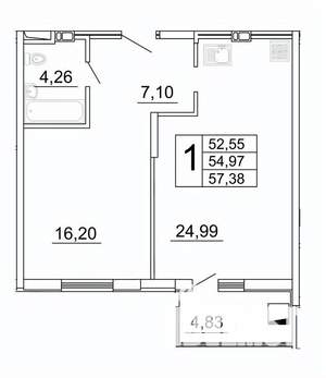 1-к квартира, строящийся дом, 57м2, 24/27 этаж