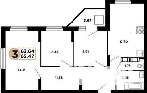 2-к квартира, строящийся дом, 64м2, 18/25 этаж