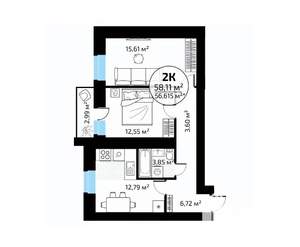 2-к квартира, вторичка, 58м2, 13/18 этаж