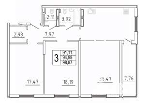 3-к квартира, строящийся дом, 99м2, 17/27 этаж
