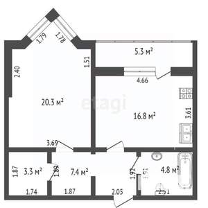 1-к квартира, вторичка, 53м2, 6/11 этаж