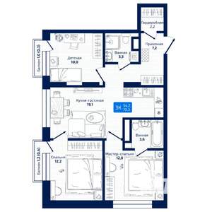 3-к квартира, вторичка, 70м2, 8/19 этаж