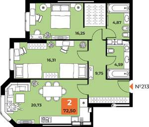 2-к квартира, вторичка, 73м2, 23/23 этаж