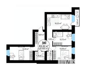 3-к квартира, вторичка, 83м2, 2/18 этаж