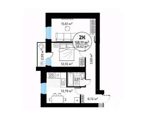 2-к квартира, вторичка, 58м2, 6/18 этаж