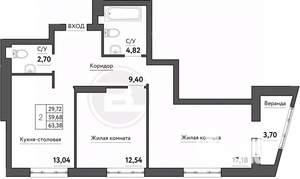 2-к квартира, строящийся дом, 63м2, 8/21 этаж
