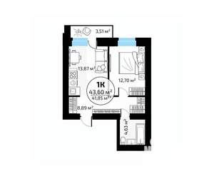 1-к квартира, вторичка, 44м2, 12/18 этаж