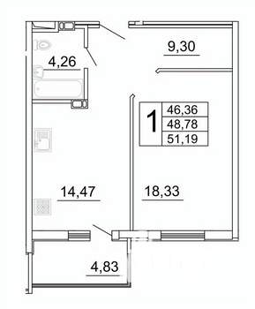 1-к квартира, строящийся дом, 51м2, 23/27 этаж