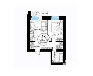 1-к квартира, вторичка, 44м2, 17/18 этаж